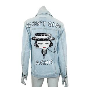 HOUSE OF MUA MUA I DON'T GIVE A CHIC Denim Jacket sequin sz XS